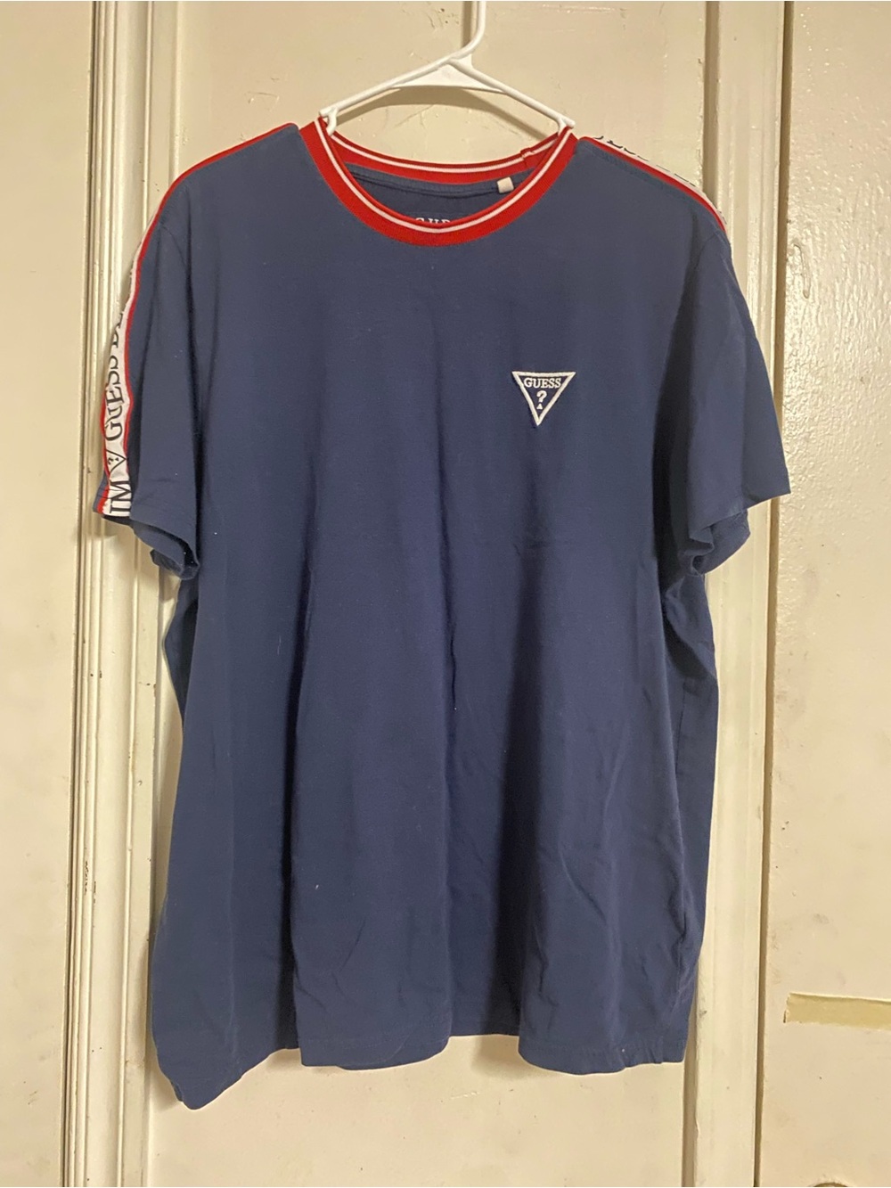 GUESS Men's Blue Short-Sleeve Tee with Red Trim